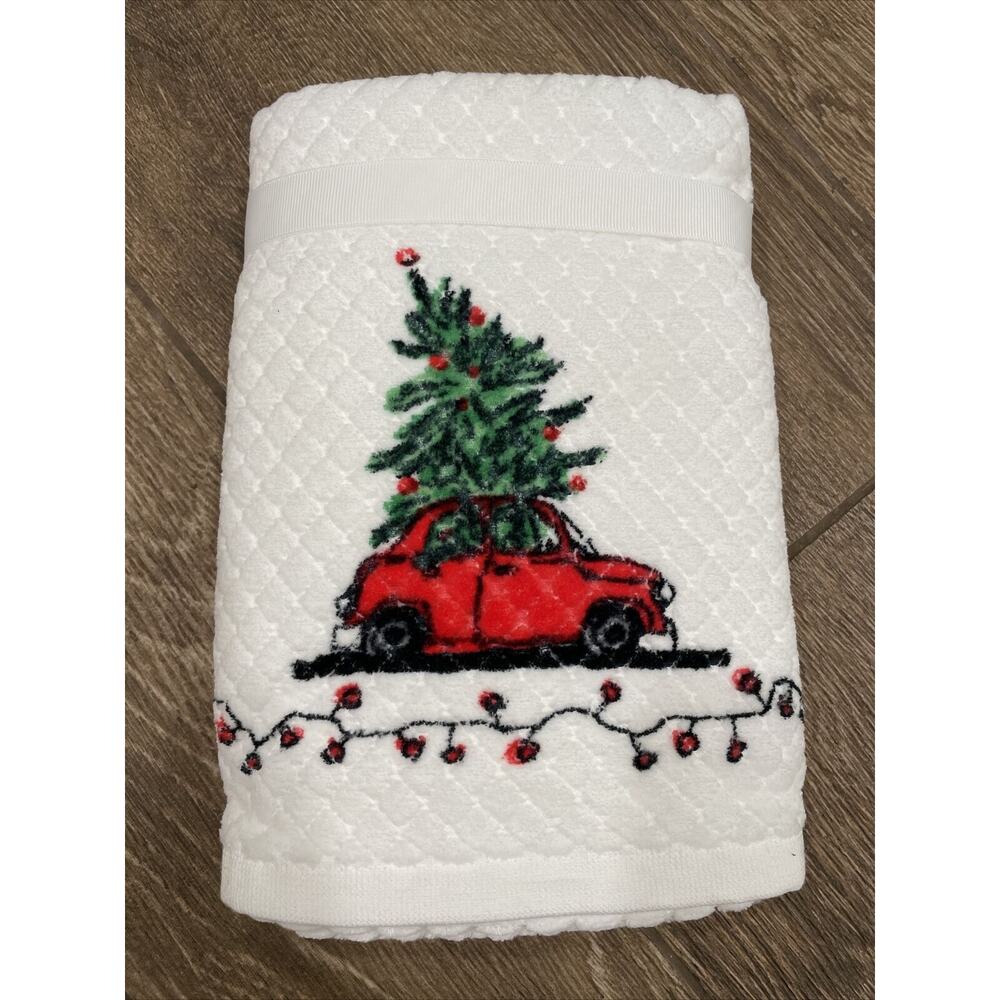Red CAR White Christmas Tree Lights Hand Set 2 Towels VW Look Volkswagen Cotton